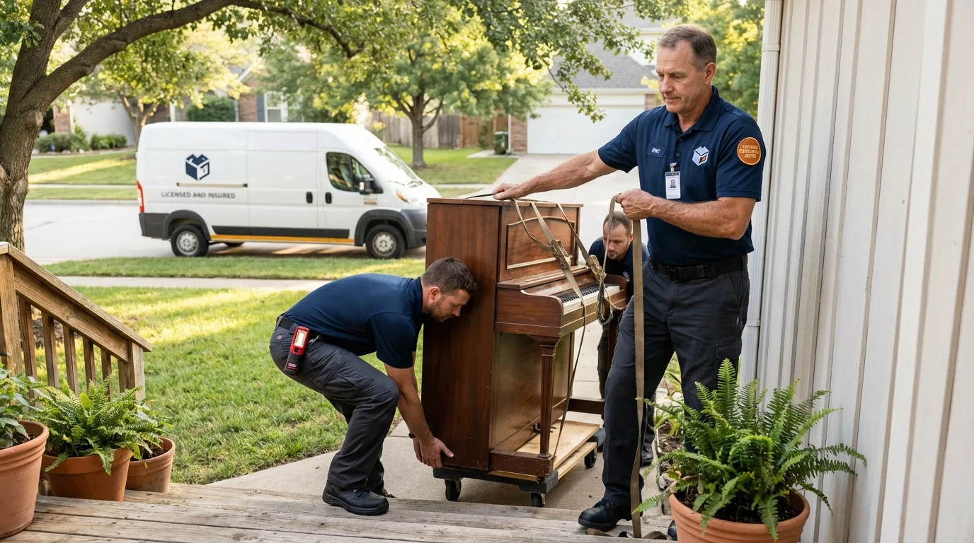 Licensed piano movers securing grand piano in The Villages, FL