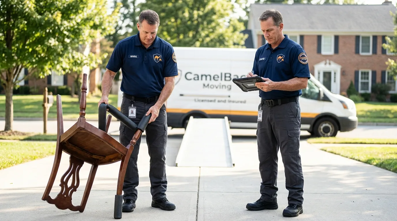 Movers inspecting furniture for damage prevention before loading in The Villages, FL