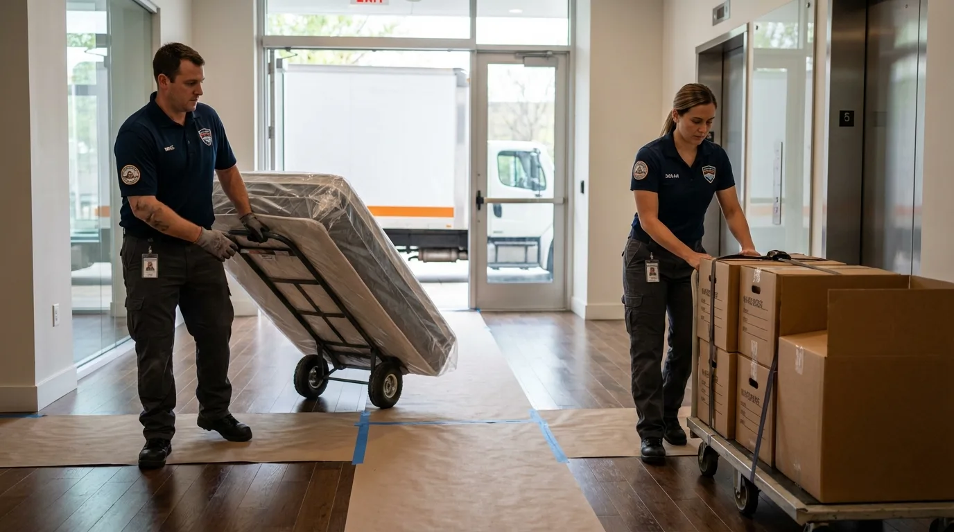 Professional apartment movers loading elevator in The Villages, FL