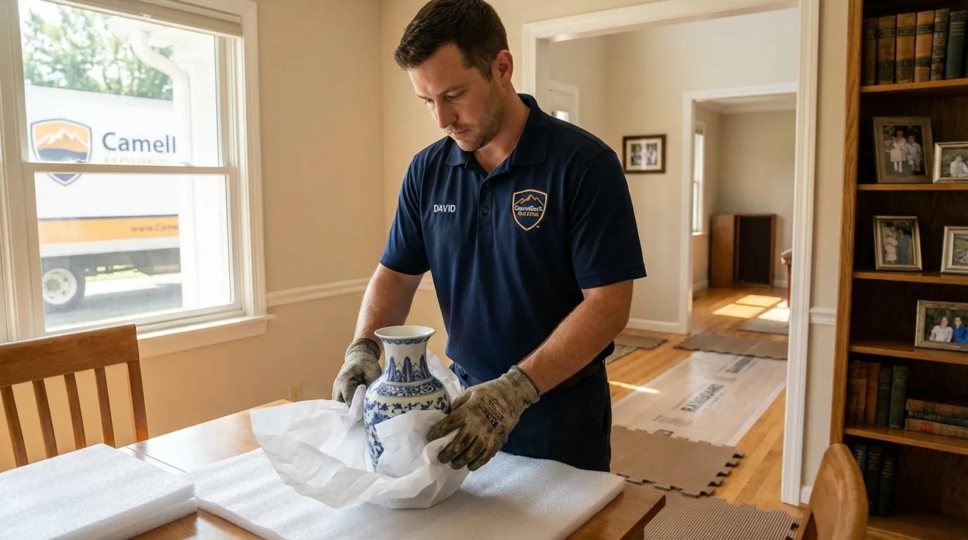 Professional crew carefully wrapping antique vase for senior downsizing move in The Villages, FL